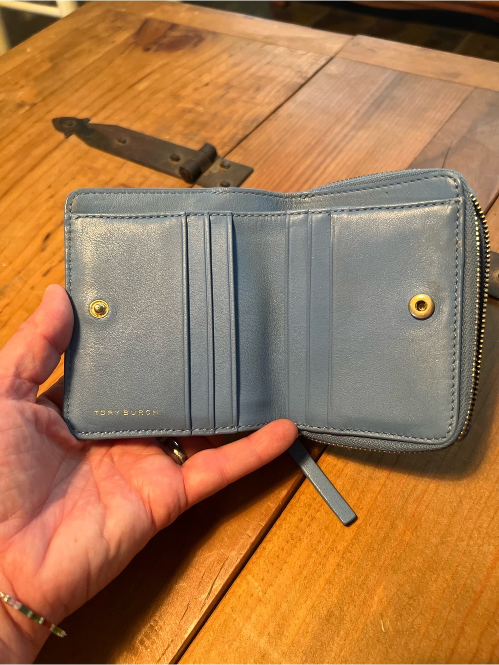 Tory Burch Dusty Blue Leather Zip Card Wallet - Picture 2 of 3